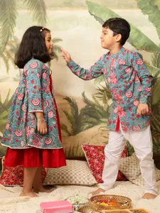 VASTRAMAY Boys Floral Printed Band Collar Regular Pure Cotton Kurta Set