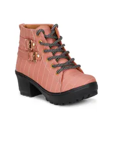 Krafter Women Striped Heeled Mid-Top Chunky Boots