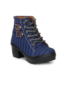 Krafter Women Striped Heeled Mid-Top Chunky Boots