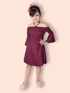 ADDYVERO Girls Polka Dots Printed Off-Shoulder Bell Sleeve Gathered Fit & Flare Dress
