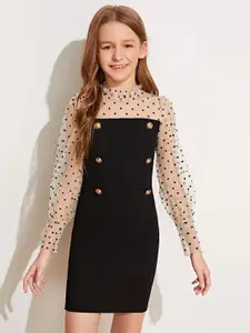 ADDYVERO Girls Polka Dots Printed Round Neck Cuffed Sleeve Embellished Bodycon Dress
