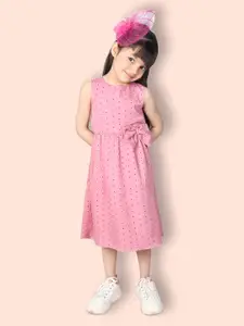 ADDYVERO Girls Polka Dots Printed Bow Detail Cotton A-Line Midi Dress