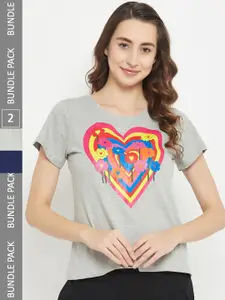 Clovia Pack Of 2 Assorted Graphic Printed Pure Cotton Lounge T-shirts