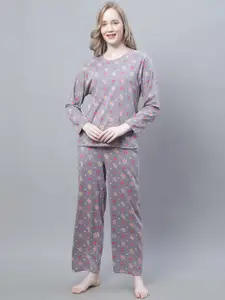 Kanvin Grey & Red Conversational Printed Pure Cotton Night Suit