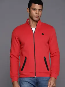 Allen Solly Solid Mock Collar Zippered Kangaroo Pocket Front Open Sweatshirt