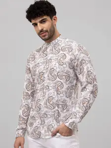 Snitch Brown Slim Fit Ethnic Motifs Printed Mandarin Collar Casual Shirt