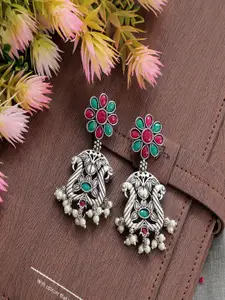 UNIVERSITY TRENDZ Silver-Plated Stone-Studded Peacock Shaped Drop Earrings