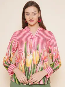 Bhama Couture Floral Printed Mandarin Collar Top