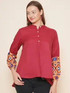 Bhama Couture Abstract Printed Puff Sleeves Mandarin Collar High Low Top