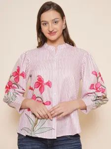 Bhama Couture Floral Printed Mandarin Collar Shirt Style Top
