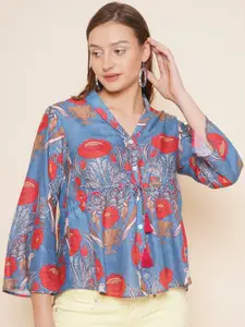 Bhama Couture Floral Printed Flared Sleevees Pleated Cotton A-line Top