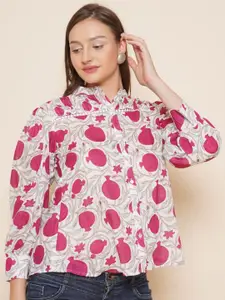 Bhama Couture Conversational Printed Puff Sleeves Cotton Shirt Style Top
