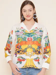 Bhama Couture Floral Printed Lapel Collar Shirt Style Top