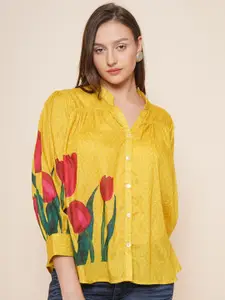 Bhama Couture Floral Printed Mandarin Collar Cotton Shirt Style Top