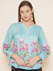 Bhama Couture Floral Printed Mandarin Collar Cotton Top