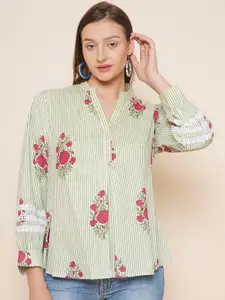 Bhama Couture Striped Mandarin Collar Cotton Shirt Style Top