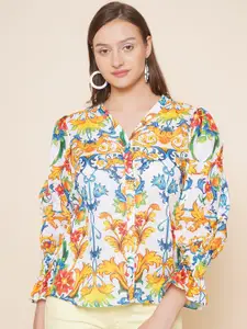 Bhama Couture Floral Printed V-Neck Puff Sleeves Cotton Top