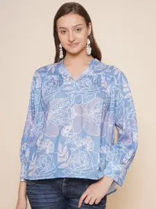 Bhama Couture Floral Printed V-Neck Cuffed Sleeves Top
