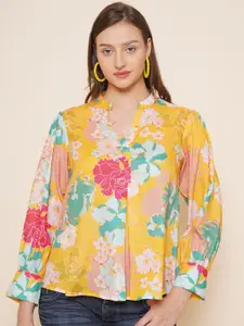 Bhama Couture Floral Printed Cuffed Sleeves Mandarin Collar Top
