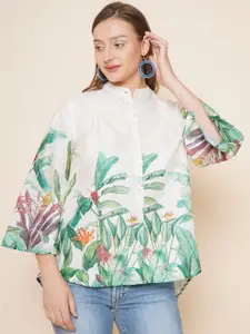 Bhama Couture Tropical Print Mandarin Collar Flared Sleeve Shirt Style Top