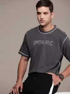 FCUK Brand Logo Drop-Shoulder Sleeves Pure Cotton Applique Oversized T-shirt