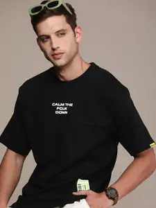 FCUK Typography Drop-Shoulder Sleeves Pure Cotton Applique Oversized T-shirt