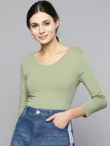 Chemistry Women Olive Green Solid V-Neck T-shirt