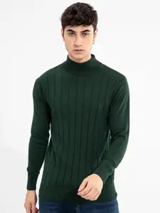 Snitch Green Ribbed Turtle Neck Cotton Pullover