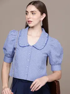 French Connection Pure Cotton Gingham Checks Peter Pan Collar Casual Shirt