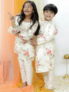 VASTRAMAY Boys Mandrain Collar Floral Printed Regular Kurta With Pyjamas