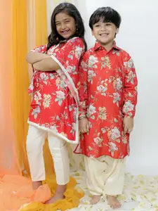 VASTRAMAY Boys Floral Printed Shirt Collar Regular Kurta With Patiala