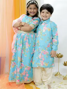 VASTRAMAY Boys Floral Printed Shirt Collar Regular Kurta With Patiala