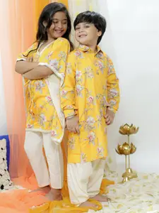VASTRAMAY Boys Floral Printed Shirt Collar Regular Kurta Set