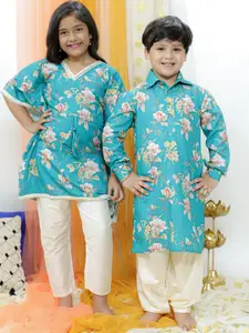 VASTRAMAY Boys Floral Printed Shirt Collar Kurta With Patiala