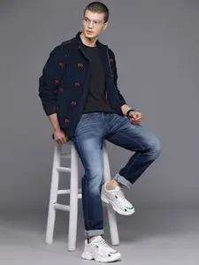 Allen Solly Brand Logo Embroidered Mock Collar Corduroy Bomber Jacket