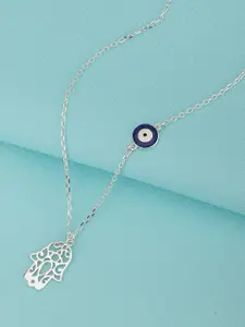 Carlton London Rhodium Plated Hamsa Pendant with Evil Eye Enamel Charm & chain