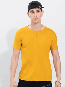 Snitch Mustard Yellow Round Neck Cotton Slim Fit T-Shirt