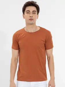 Snitch Rust Brown Raw Edge Slim Fit Knitted Cotton T-Shirt
