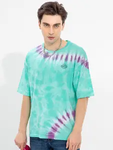 Snitch Sea Green & Purple Dyed Drop Shoulder Oversized Knitted Cotton T-Shirt