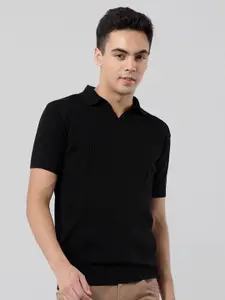 Snitch Black Ribbed Polo Collar Slim Fit Knitted Cotton T-Shirt