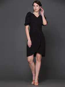 Ziva Fashion Embellished V-Neck Puff Sleeves Pleated Wrap Dress