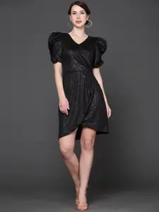 Ziva Fashion Self Design Puff Sleeve V-Neck Gathered Wrap Dress