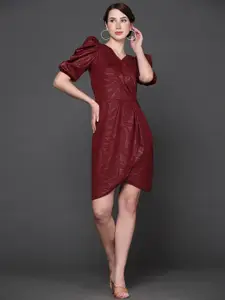 Ziva Fashion Self Design Puff Sleeve V-Neck Gathered Wrap Dress