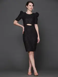 Ziva Fashion Self Design Cut-Out Puff Sleeve Sheath Dress