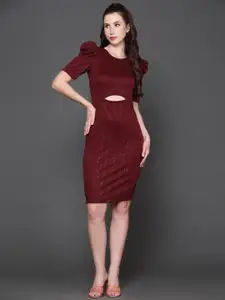 Ziva Fashion Self Design Cut-Out Puff Sleeve Bodycon Dress