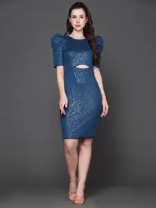 Ziva Fashion Self Design Cut-Out Puff Sleeve V-Neck Gathered Bodycon Dress