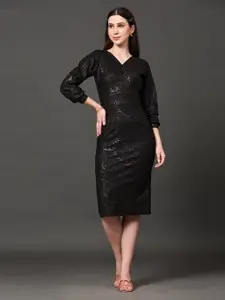 Ziva Fashion Self Design Puff Sleeve V-Neck Gathered Wrap Dress