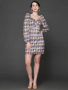 Ziva Fashion Geometric Printed Sweetheart Neck Puff Sleeve Bodycon Dress