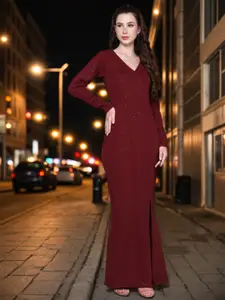 Ziva Fashion Self Design V-Neck Long Sleeve Shimmery Maxi Dress