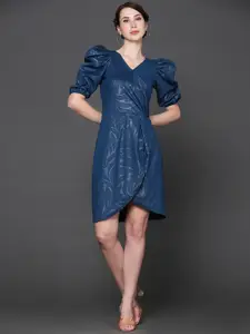 Ziva Fashion Blue Puff Sleeve PU Coated Scuba Dress